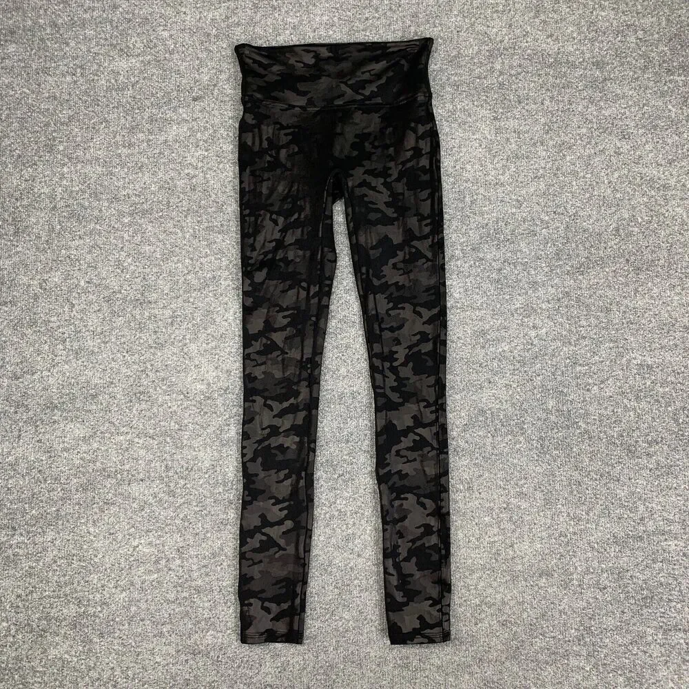 Spanx Legging Womens S Small Black Camo Faux Leather Pull On Wide Band Fitted